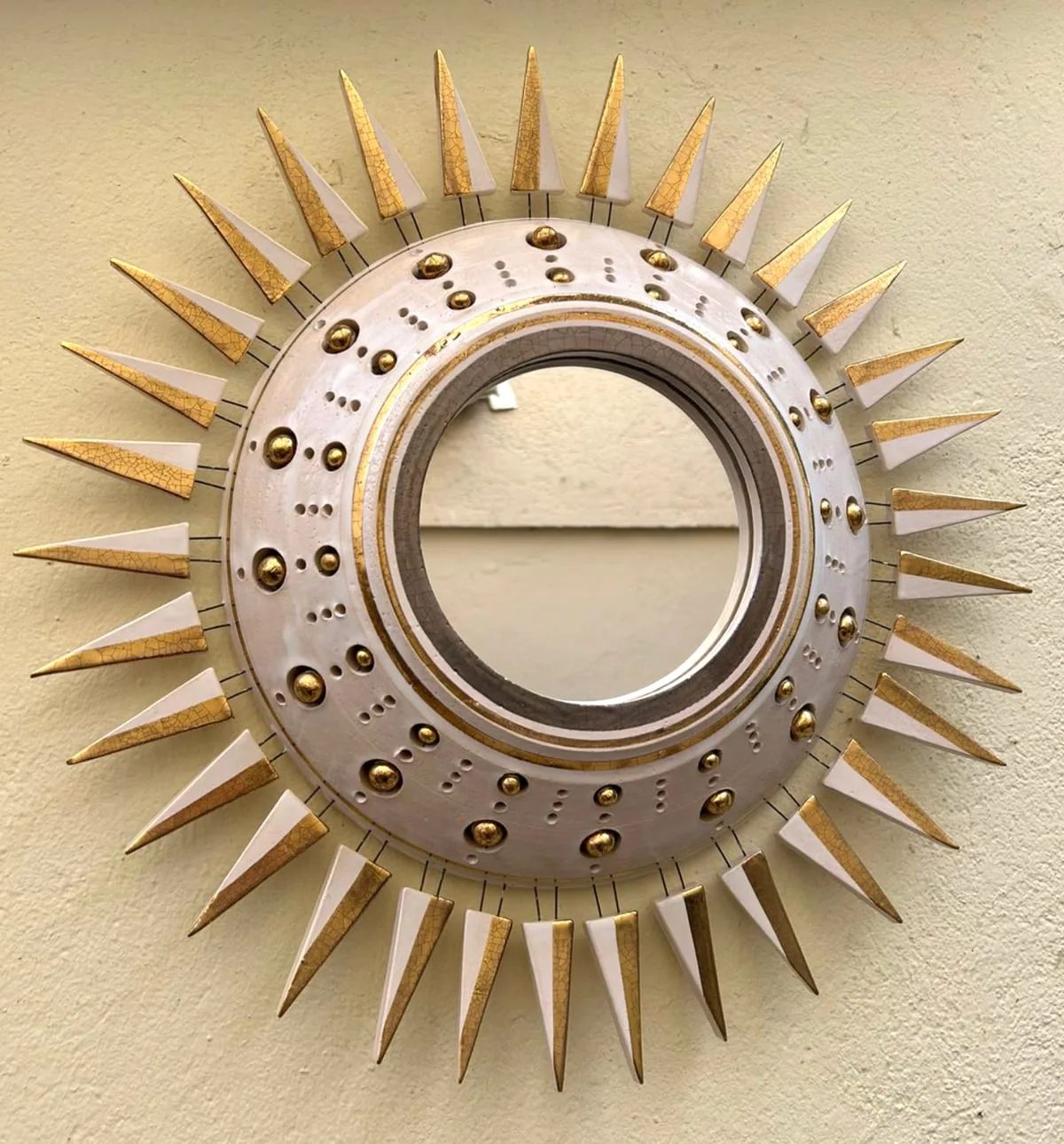 Soleil ceramic mirror small size by Georges Pelletier, enameled in white and gold by Georges Pelletier