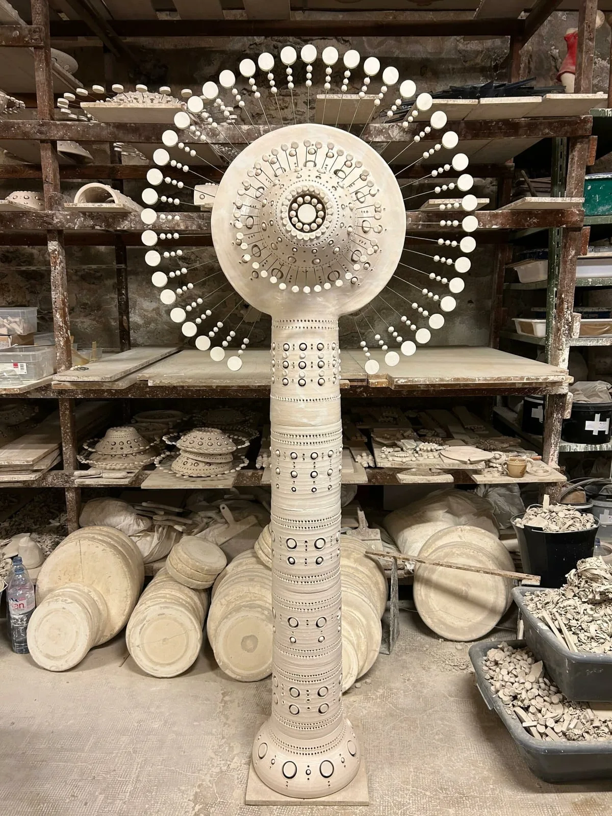 White glazed ceramic Sun Sculpture with rods, by Georges Pelletier