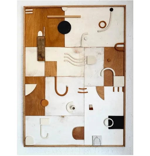 Eléments 2 - Ceramic and Wood Bas-Relief Sculpture by Natalie Rich