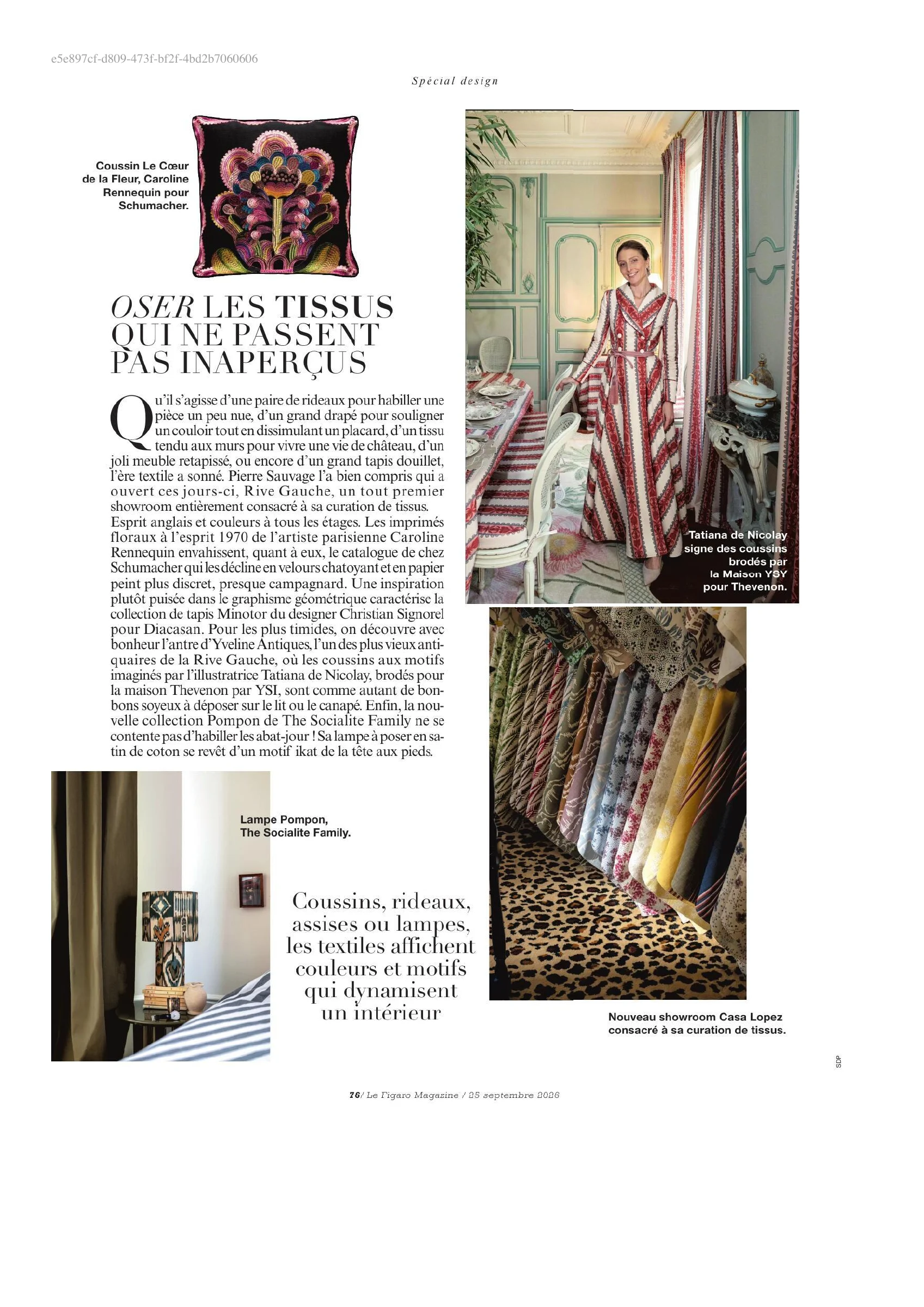 Le Figaro Magazine, page 76 : Caroline Rennequin pour Schumacher dans « Oser les tissus qui ne passent pas inaperçus »