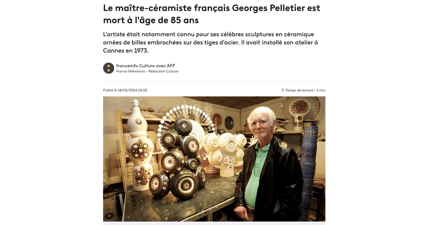 France Info, Master ceramist Georges Pelletier passes at 85